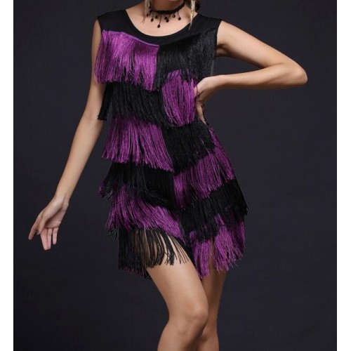 black and red royal blue purple fuchsia Women Dance Clothes Salsa Costume Ballroom Competition Latin Fringes tassels Dresses for Girls